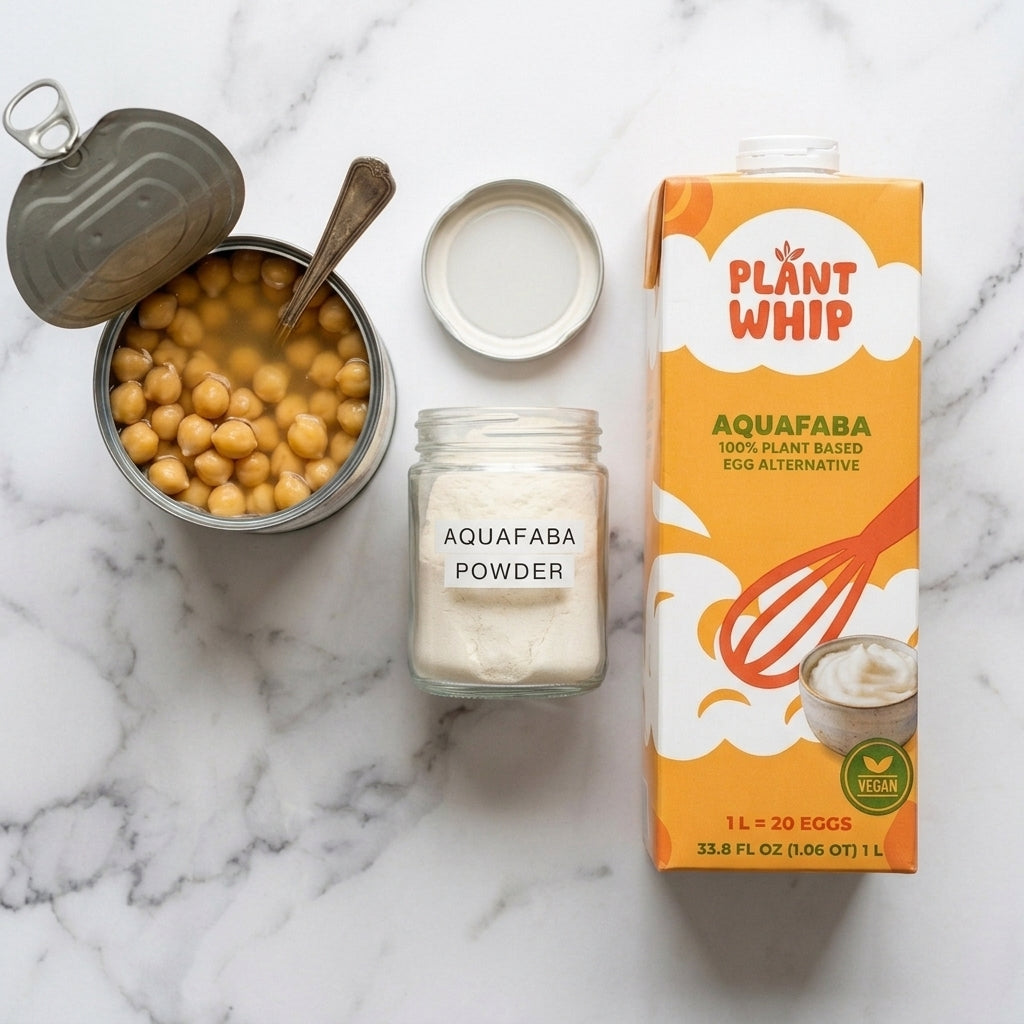 Three formats of aquafaba - chickpea water, powder, and plantwhip