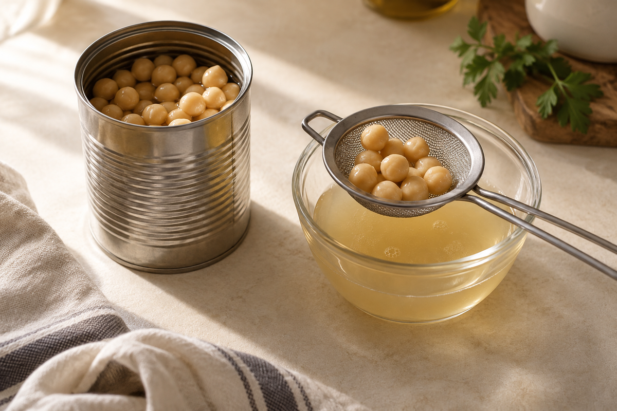 Open can of chickpeas with the aquafaba liquid visible