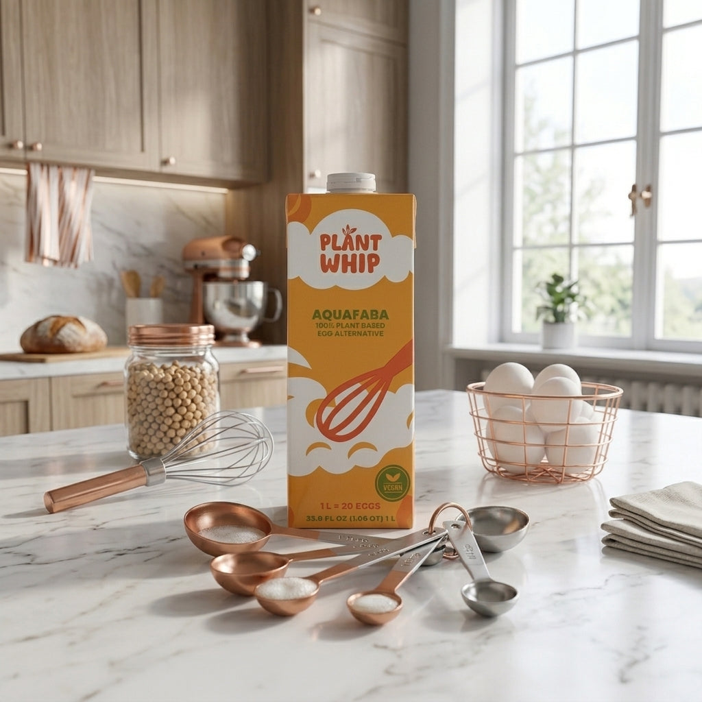 Plant Whip liquid aquafaba on top of a kitchen counter