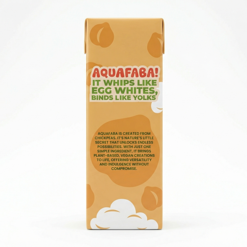 Back side view of Box of Aquafaba with branding and product description on a white background