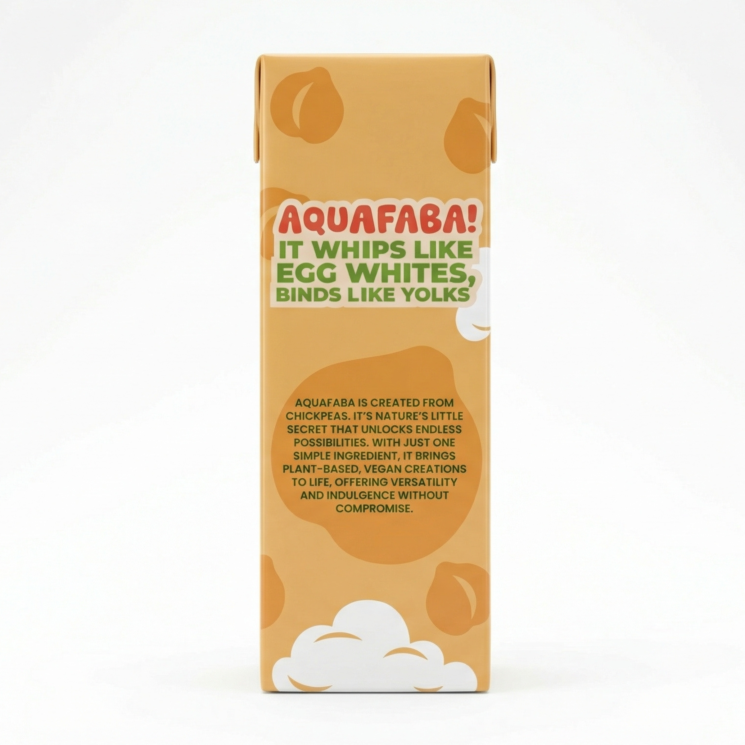 Back side view of Box of Aquafaba with branding and product description on a white background