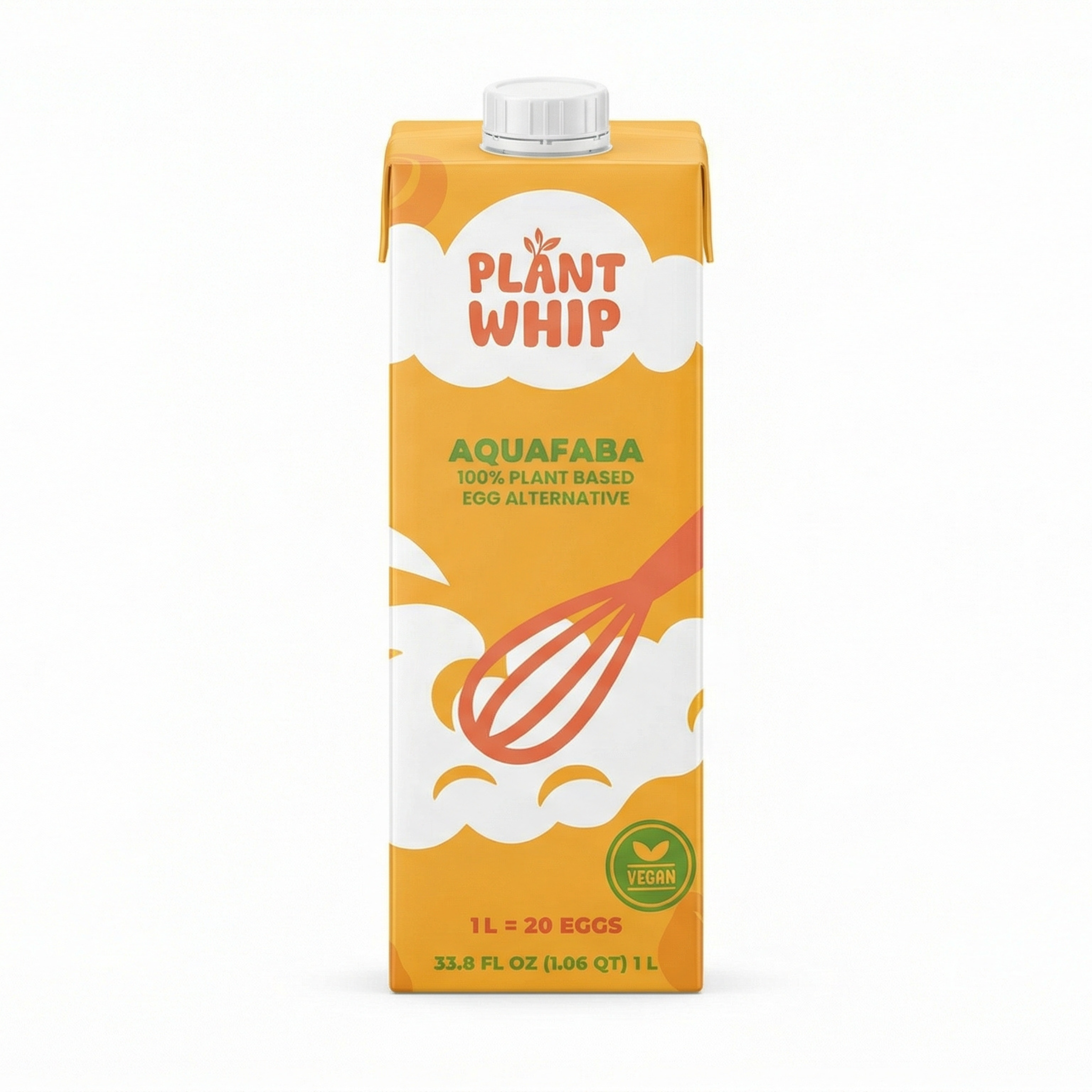 Front view of a carton of liquid aquafaba. Carton is orange with white clouds. 