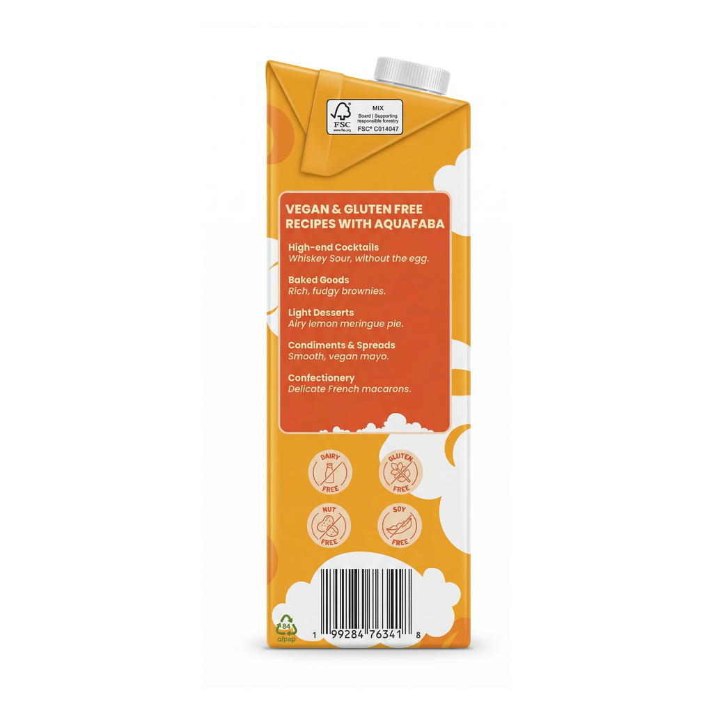 Vegan and gluten-free liquid aquafaba product packaging with orange label on a white background