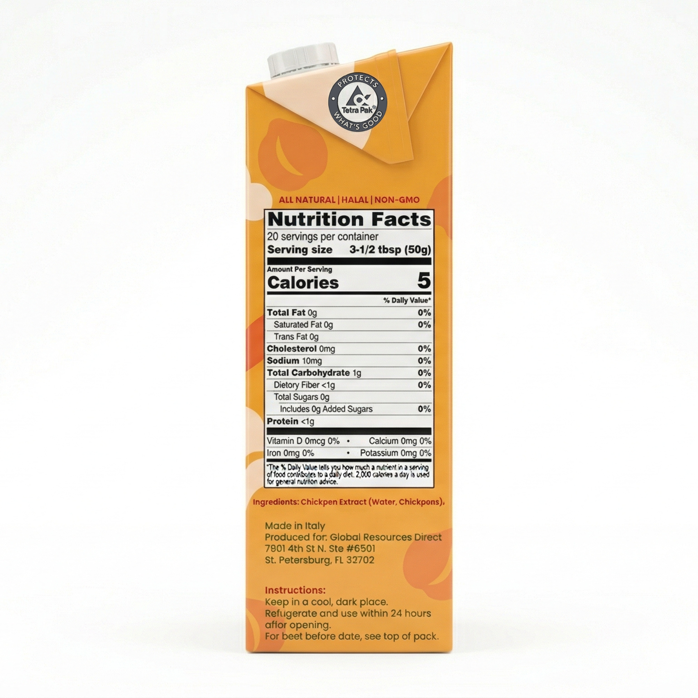 Carton of liquid aquafaba with nutrition facts label on a white background