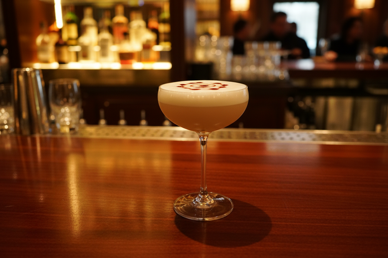 Pisco Sour in a glass on a bar with blurred bar setting in the background