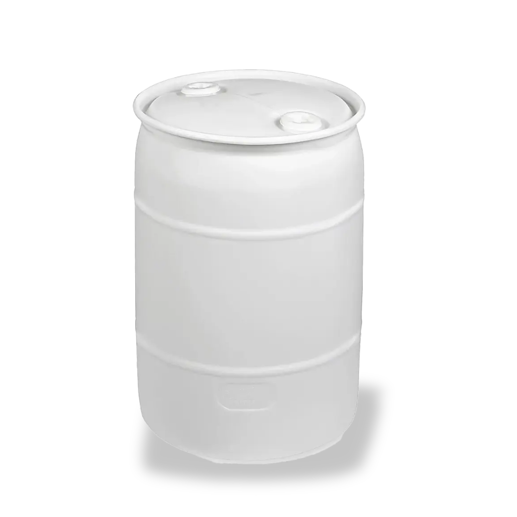 White plastic 200 liter barrel of liquid aquafaba on a white background