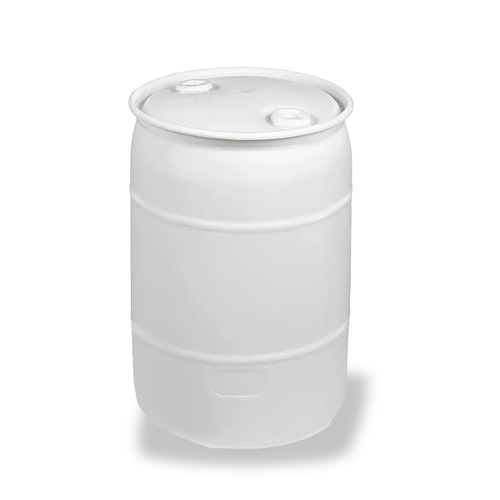 White plastic 200 liter barrel of liquid aquafaba on a white background