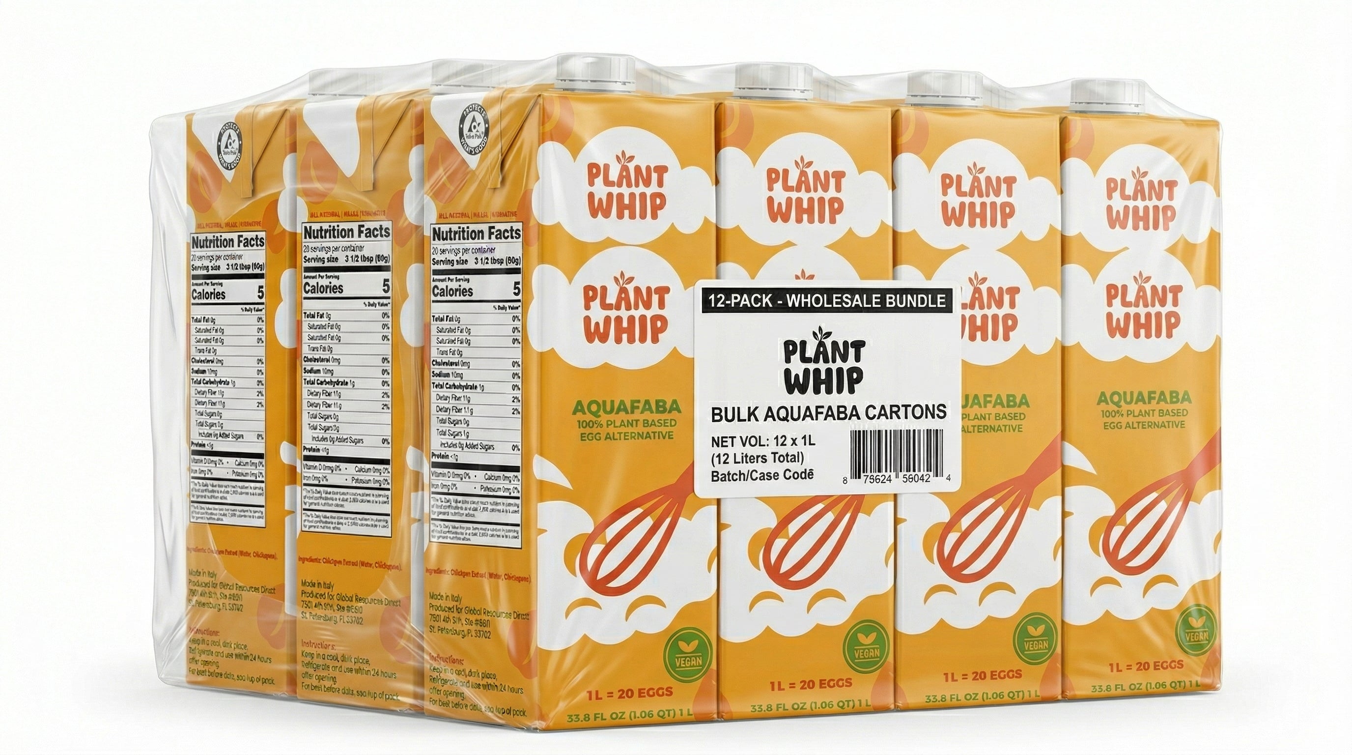 Packaging of PlantWhip Bulk Aquafaba Cartons on a white background