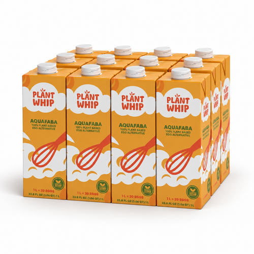 A 12-pack of Plant Whip Aquafaba 100% Plant Based Egg Alternative carton juice boxes, arranged in a 3x4 grid on a clean white background.