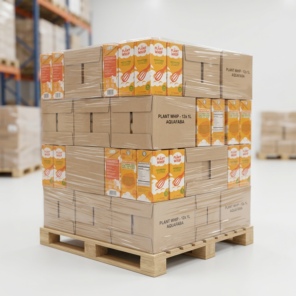 Full pallet of Plant Whip liquid aquafaba, 85 cases of 1-liter cartons, wholesale bulk configuration