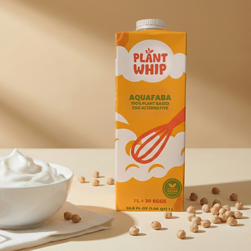 Product shot of plant-based liquid aquafaba carton with ingredients on a neutral background
