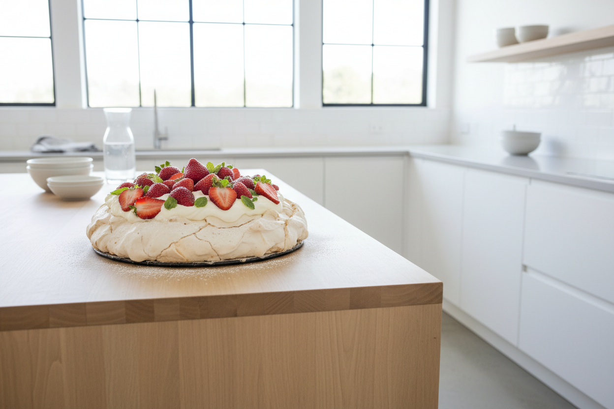 Strawberry pavlova on a kitchen counter with large windows in the background