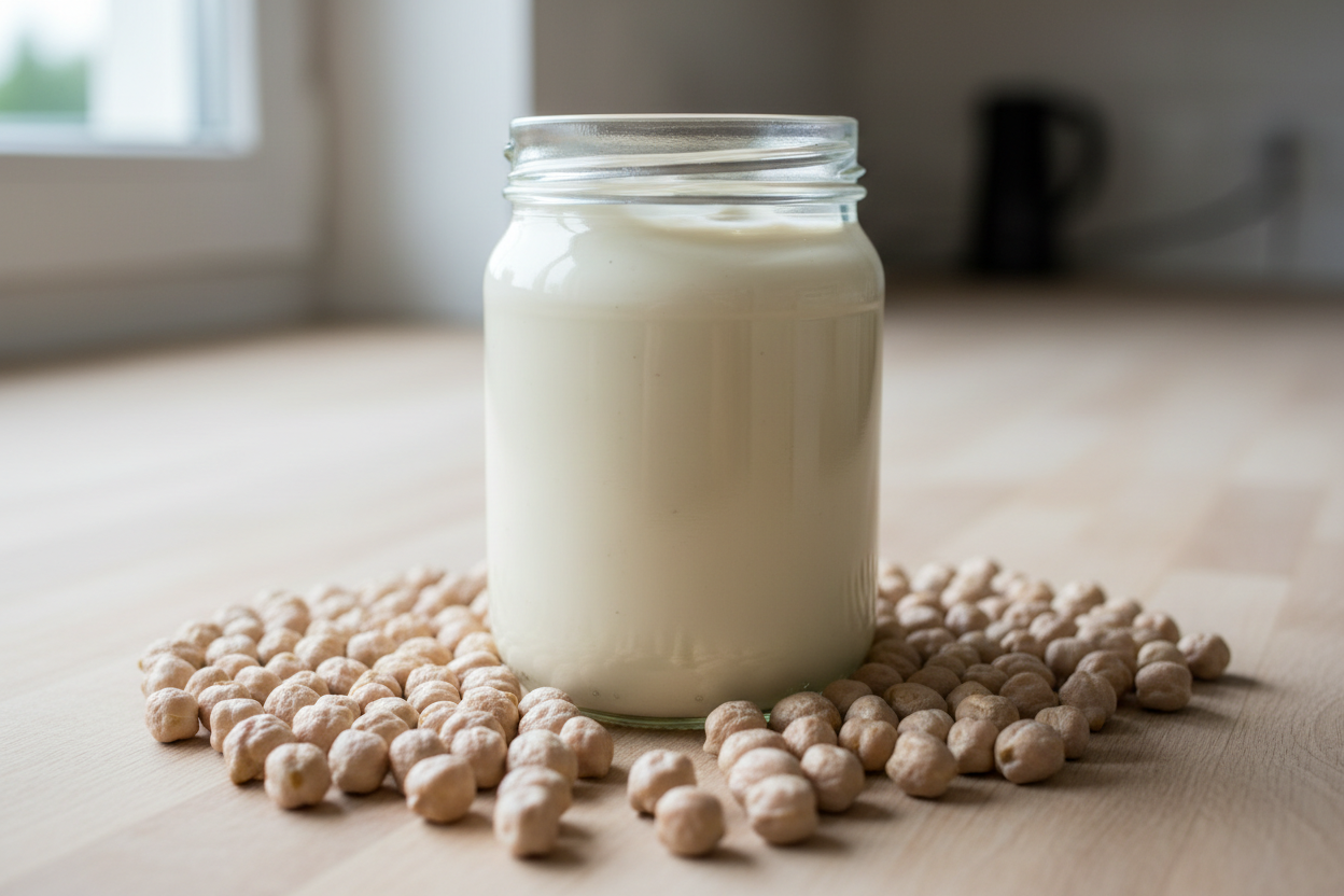 Jar of vegan mayo surrounded by chickpeas on a wooden surface
