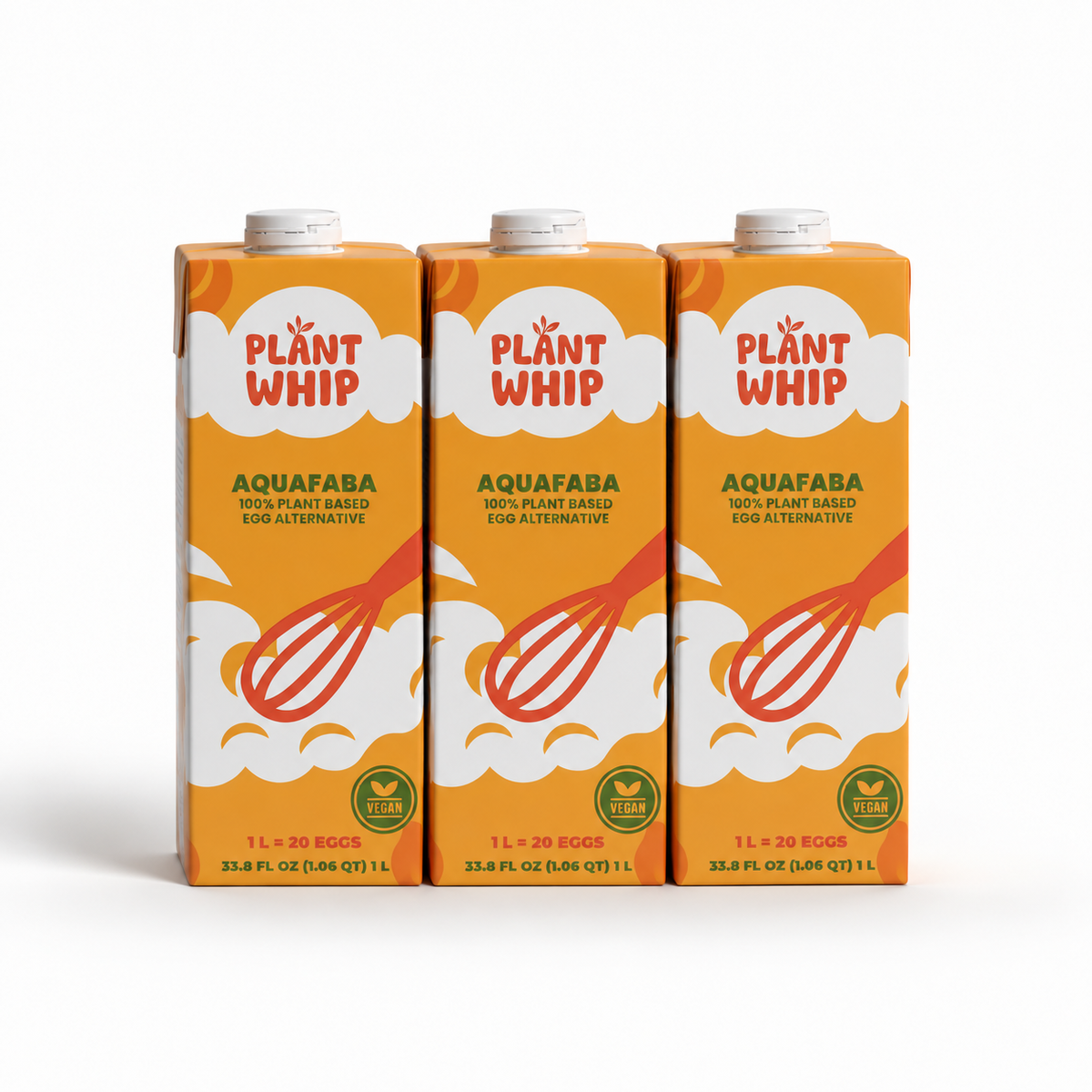 Three 1L cartons of Plant Whip Aquafaba 100% plant-based egg alternative, arranged side-by-side on a clean white background.