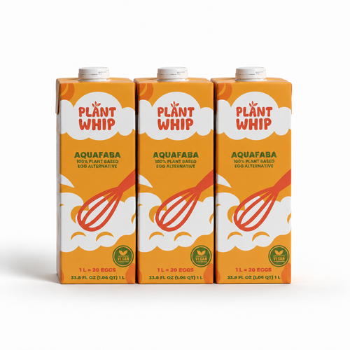 Three 1L cartons of Plant Whip Aquafaba 100% plant-based egg alternative, arranged side-by-side on a clean white background.